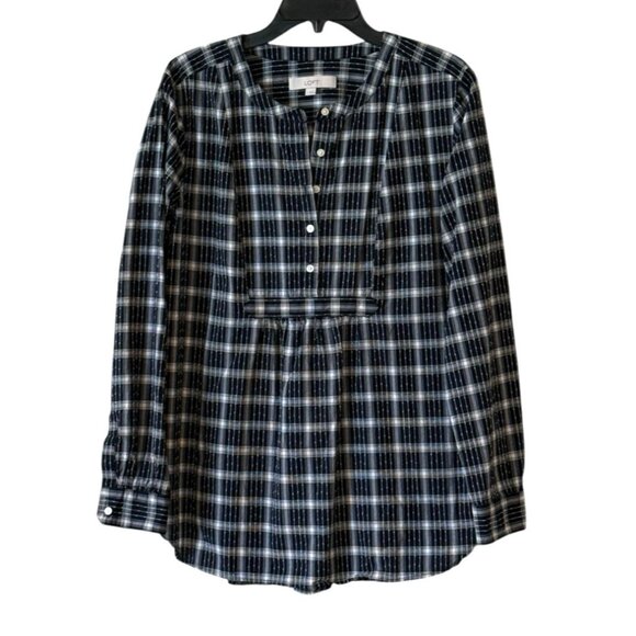 LOFT Navy and White Plaid Long Sleeve Textured Henley Blouse Size Medium - Picture 1 of 6